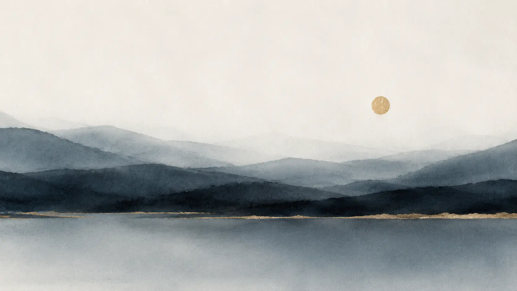Abstract ink blue Korean horizon with a muted gold sun