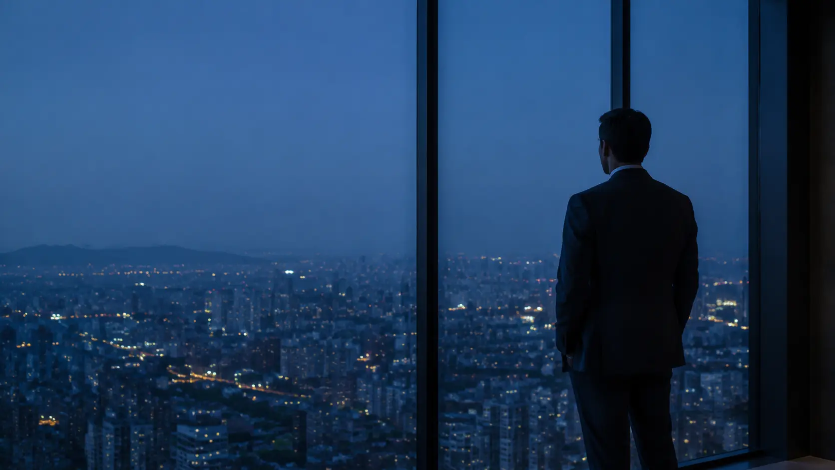 An executive overlooking Seoul at blue hour